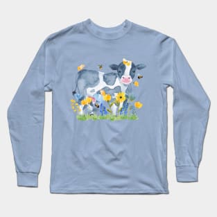 Watercolor Cow in Spring Flowers, Bees, & Beautiful Butterflies Long Sleeve T-Shirt
